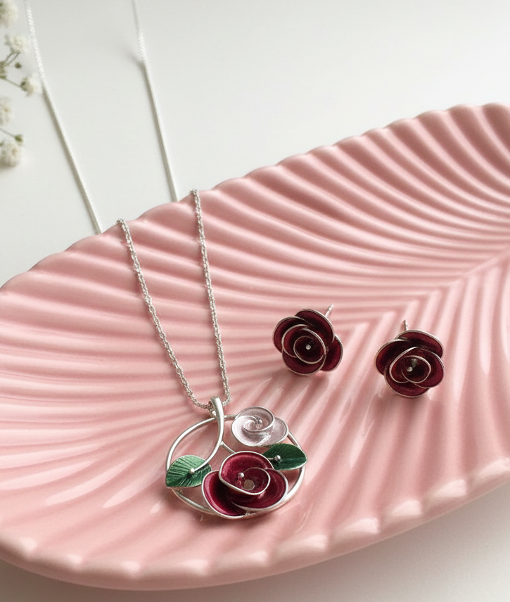 Blingss Exclusive Luxury Range Rose Pendant Necklace Set For Ladies Anti Tarnish With Enamel Coating