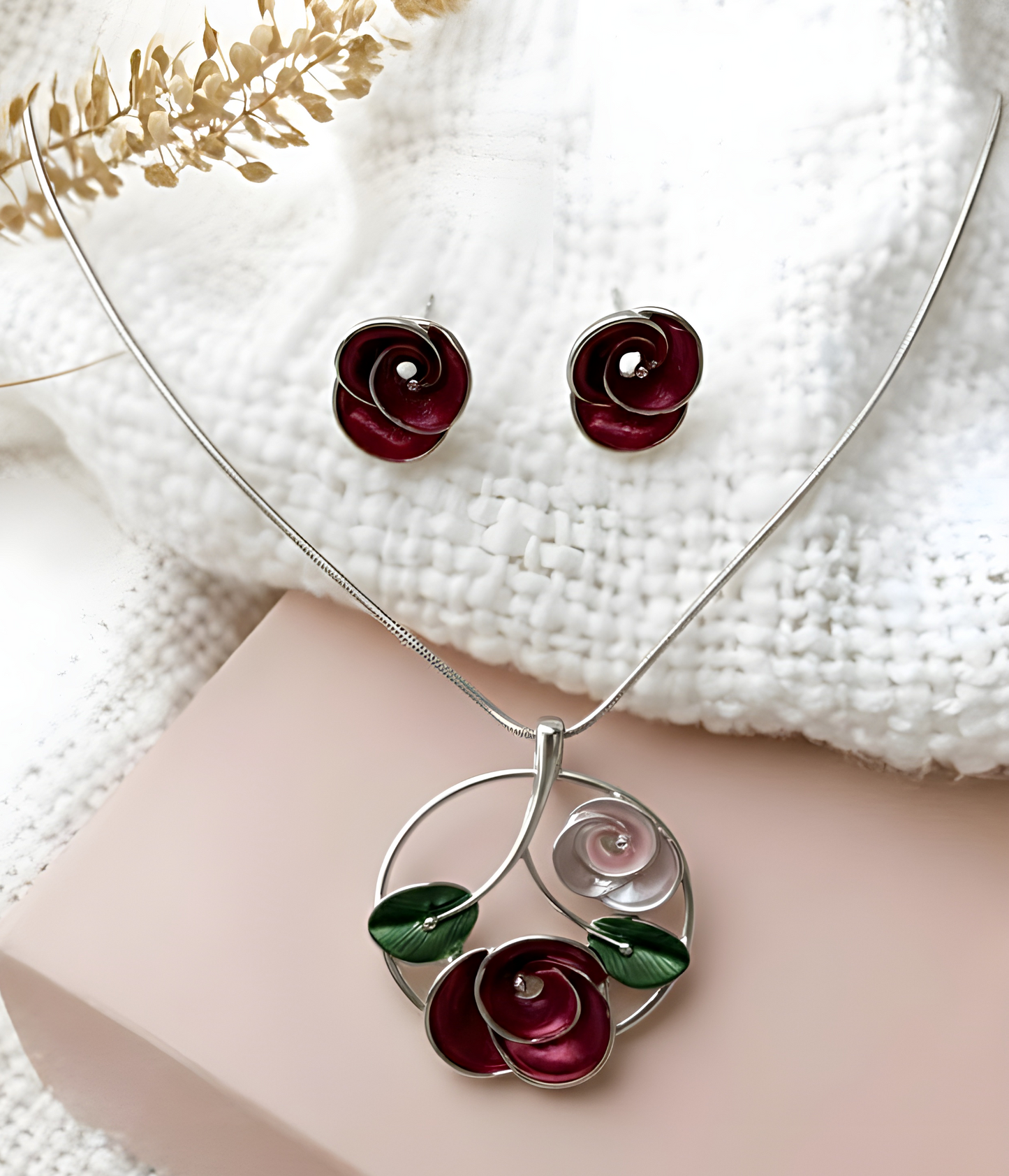 Blingss Exclusive Luxury Range Rose Pendant Necklace Set For Ladies Anti Tarnish With Enamel Coating