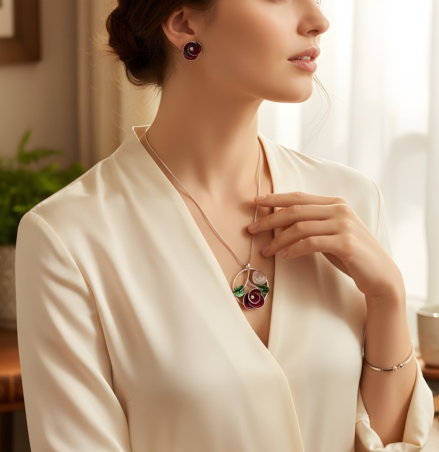 Blingss Exclusive Luxury Range Rose Pendant Necklace Set For Ladies Anti Tarnish With Enamel Coating